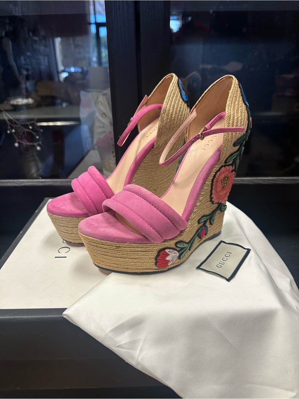 Gucci Kid Scamosciato Ophelia Espadrille Platform Wedge Sandals